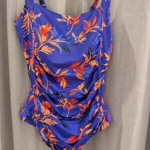 L.L.Bean Swimsuit Women Size 14 Royal Cobalt Blue Floral Slimming UPF 50